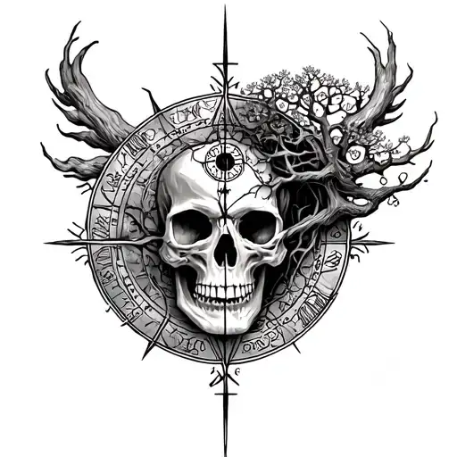 Vegvisir And Yggdrasil And Skull