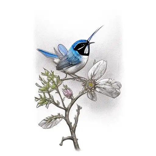 Fairy Wren Bird On A Branch Or Flowers That Flows Over The Shoulder And Across The Hreast