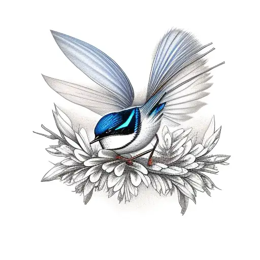 Fairy Wren Bird On A Branch Or Flowers That Flows Over The Shoulder And Across The Hreast