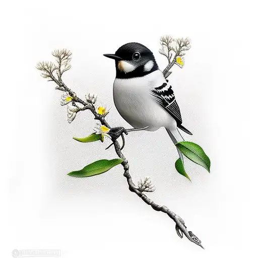 Willi Wagtail Bird On A Branch Or Flowers That Flows Over The Shoulder And Across The Hreast