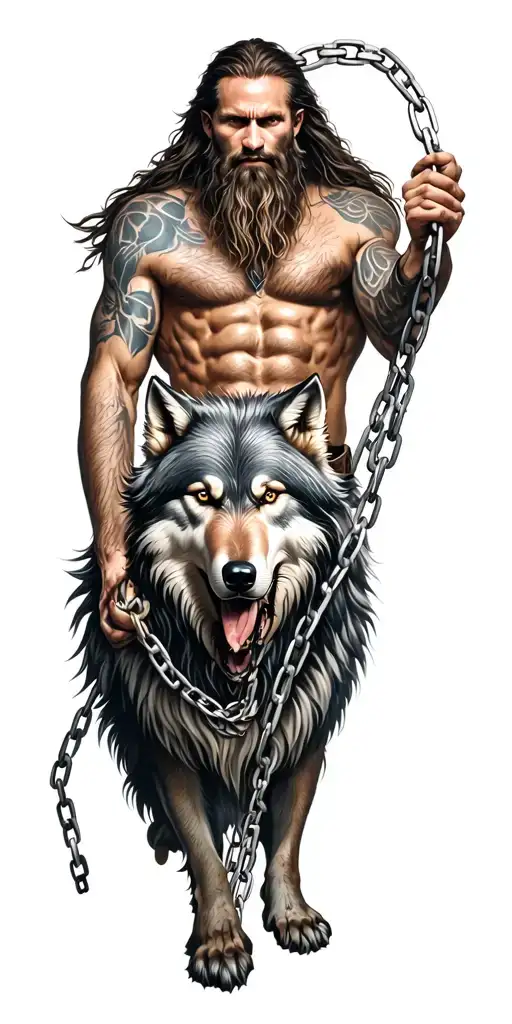 Odin Holding Chains Of Fenrir Wolf Surrounded