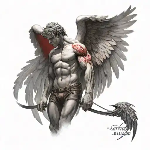 Angel Man Muscular Body With Super Realistic Red Wings With The Meaning Of Someone Lonely