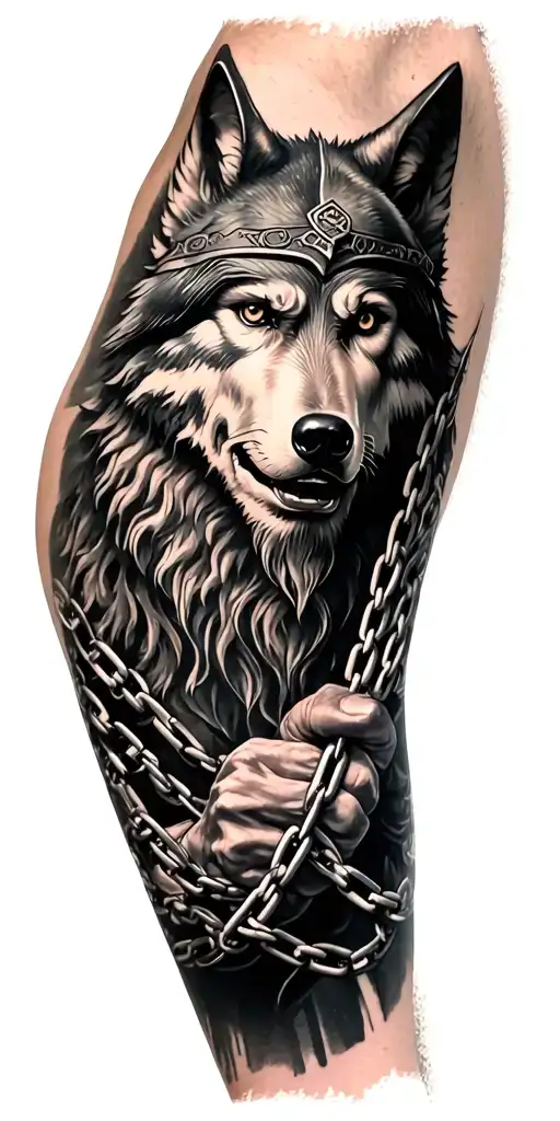 The Face Of Odin Holding Chains Of Wolves