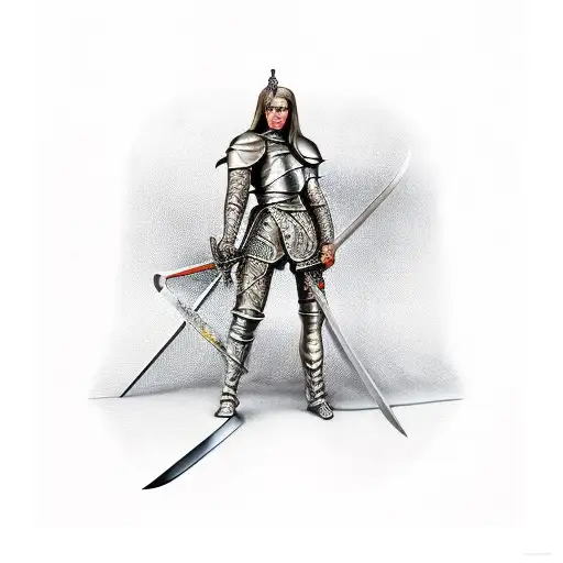 Sitting Knight With Sword Hugged By Woman