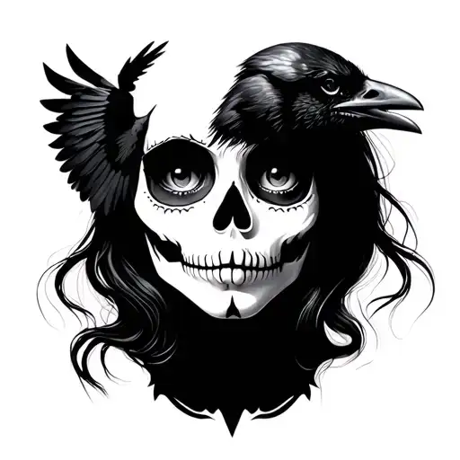 Catrina Girl Face With Raven Flying