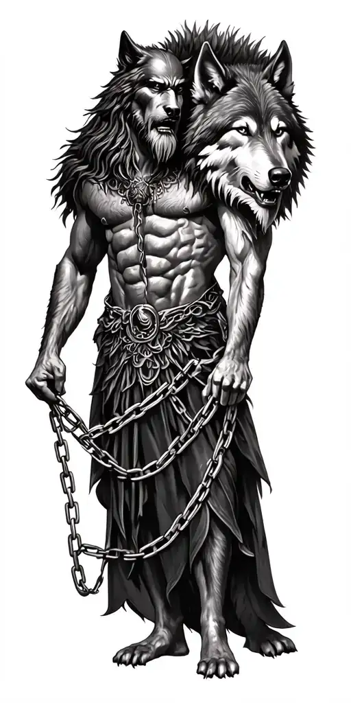 Odin Holding Chains Of Wolves Fighting