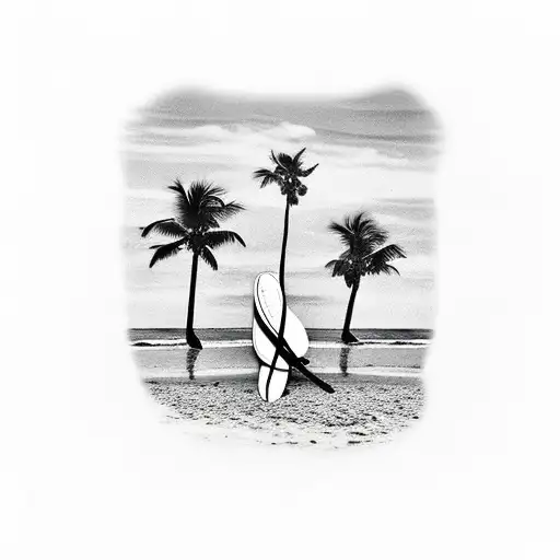 Palm Tree On A Beach With The Sun Riding On A Surf Board