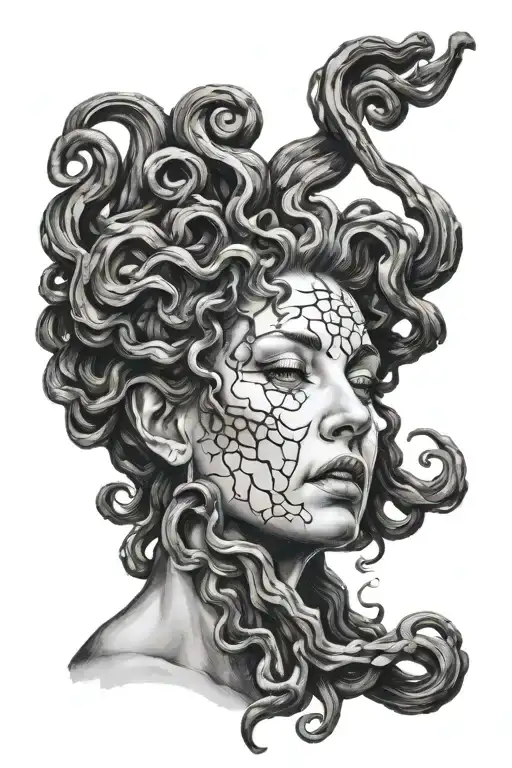 Black And White Drawing Of Medusa Face Side Profile Sobbing