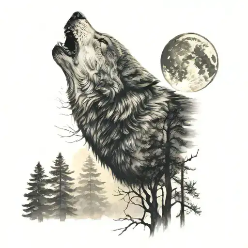 Forest In The Background And Wolf Howling At The Moon