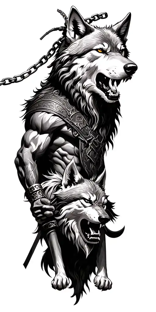 Odin God Of War Holding The Chain To Fenrir Wolf