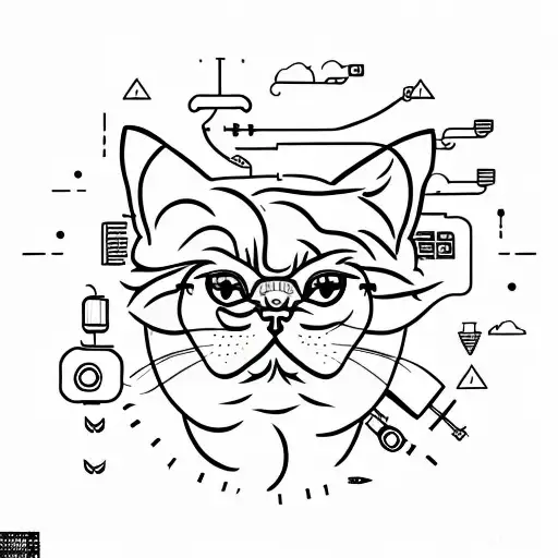 A Minimalist Tattoo Featuring A Persian Cat Surrounded By Technological Elements