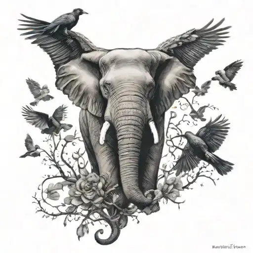 Elephant Face With Crows Flying