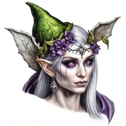 Fantasy Female Elf Purple Eyes Sliver Hair In Woodland