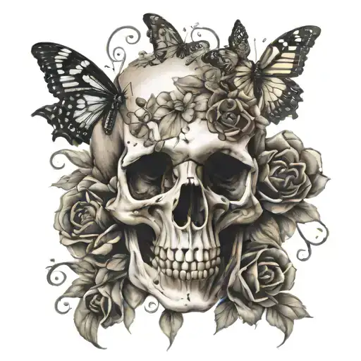 Gothic Micro Realism With Skull Flowers And Butterflies