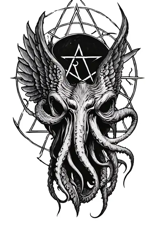 Sketch Of A Cthulhu Head Tattoo With Wings With A Pentagram In The Background