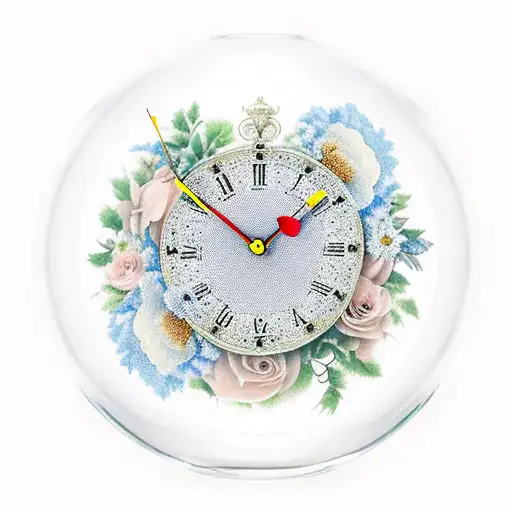 Border Year Clock In A Glas Cuple Standing On A Tablewhit Flowers Around In Memory