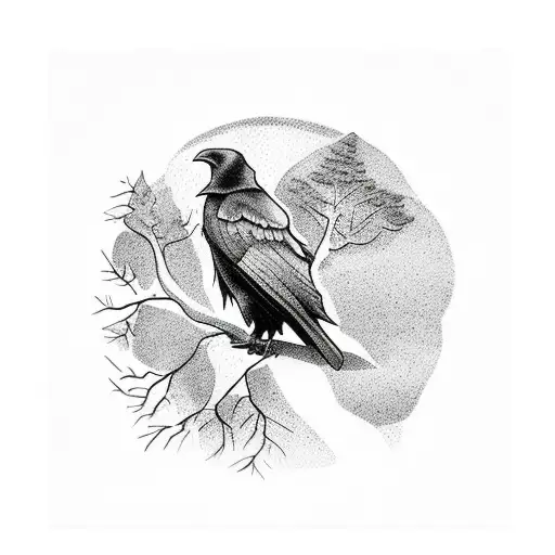 Illustration Of A Raven Perched On A Moonlit Branch In A Dense Dark Forest
