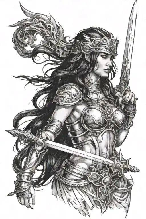 Goddess Galaida Full Length Black Hair In Helmet And Sword In Hand