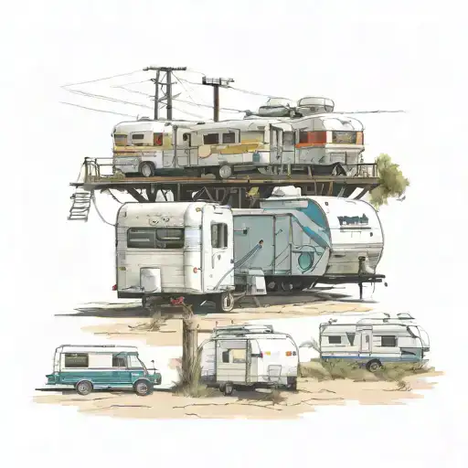 Multiple Travel Trailers In A Trailer Park With A Water Tower In The Background