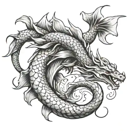 Design A Realistic Portrait Of A Dragon And Koi Fish Intertwined