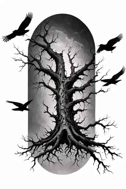 Cyber Tattoo Featuring A Dead Tree With Flying Crows No Background No Roots Full Length Of Spine
