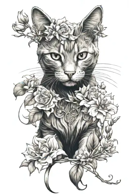 Cat With Flowers Intertwined Representing Eternal Love