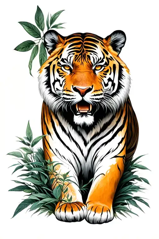 Tiger In Bushes With Cross Intertwined