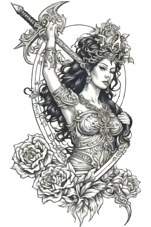 Goddess Galaida In Full Growth With Sword In Hand Black Hair