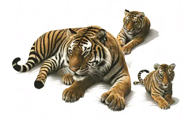 A Mama Tiger With Thre Baby Tigers