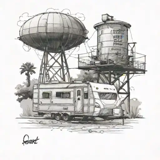 Travel Trailers Parked In A Trailer Park With A Water Tower In The Background