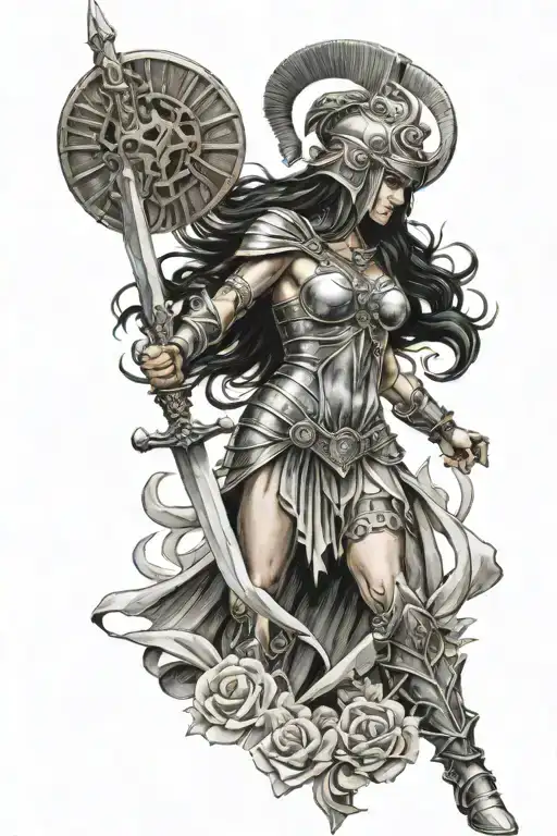 Goddess Galaida Full Length Black Hair In Spartan Helmet And Sword In Hand