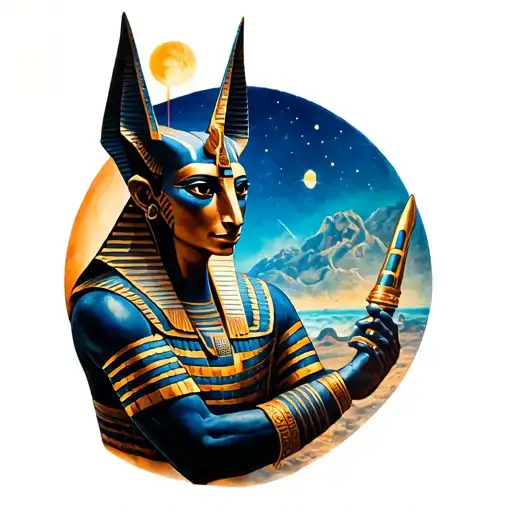 Anubis Egypcian God Holding Time Travel With Back Round Of The Worlds Start