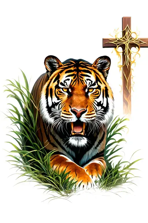 Tiger In Bushes Ready To Attack With Cross In Background Shinning