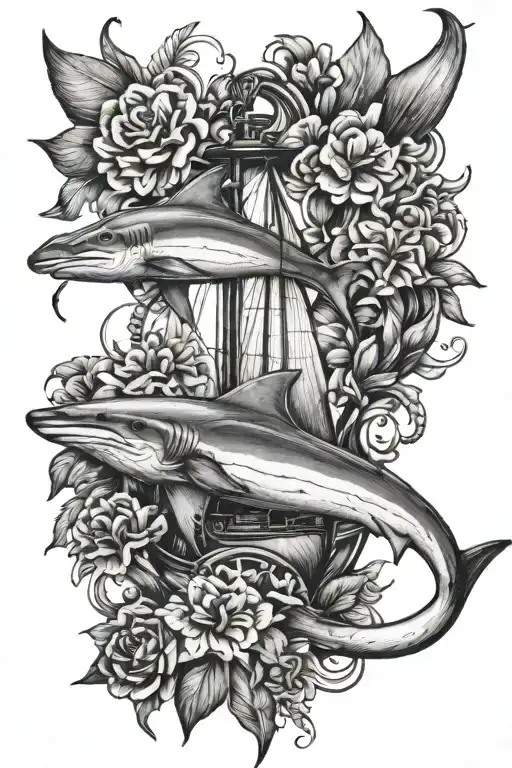 One Hammerhead Shark And Ship Anchor With Flowers Intertwined