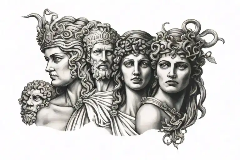 Greece Gods Themis And Athena And Medusa Head