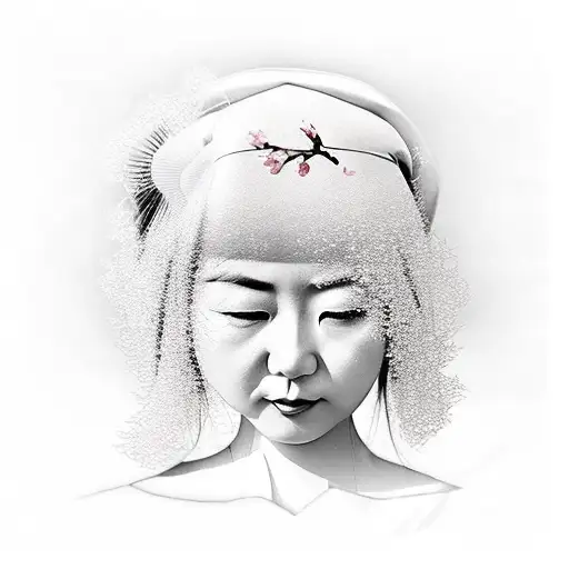 Traditional Japanese Lady In Front Of A Photo Realistic Cherry Blossom Tree