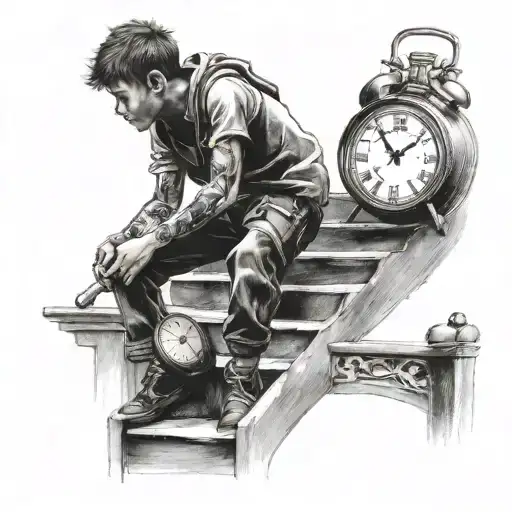 Boy Climbing Some Stairs And He Looks At A Clock