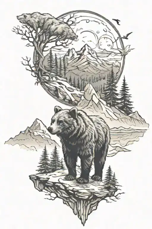 Bear And Wolf In The Forest With Mountains And The Moon