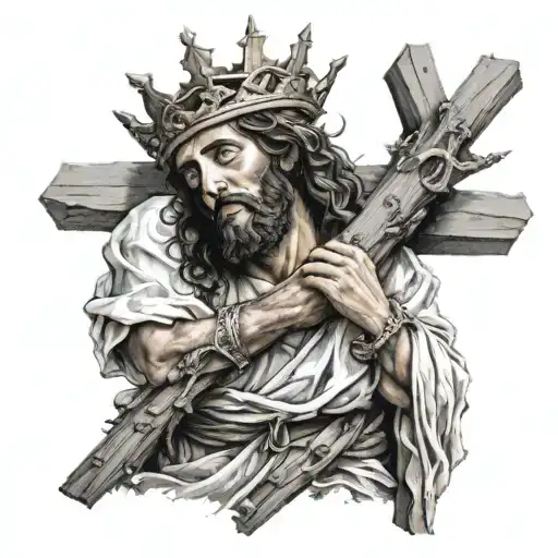Jesus Carrying A Cross Wearing The Crown Of Thornes