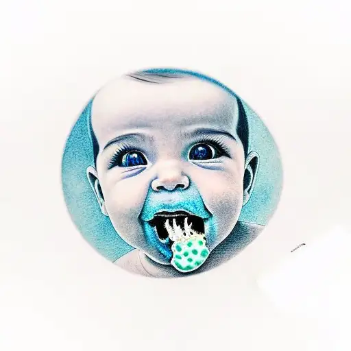 A Realistic Portrait Of A Baby Boy Eating A Blue Frootie