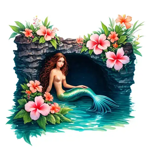 Mermaid Sitting In A Cave Crystal Clear Water Hibiscus Flowers
