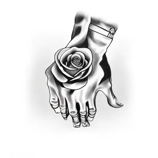 Pinky And Ring Finger Skelton With A Combine Rose Tattoo On The Hand