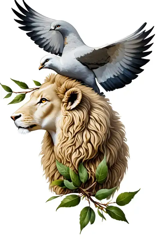 Lion Lamb Dove Carrying An Olive Branch