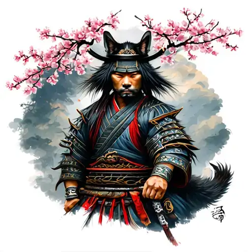 Samurai With A Cherry Blossom Tree And A Wolf
