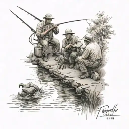 Fishermen By The River Fishing Scene