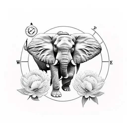 Elephant With A Compass And Peonies Flowers