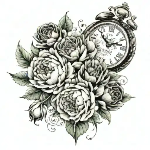 Peonies And Roses With Leaves Surrounding Broken Clock