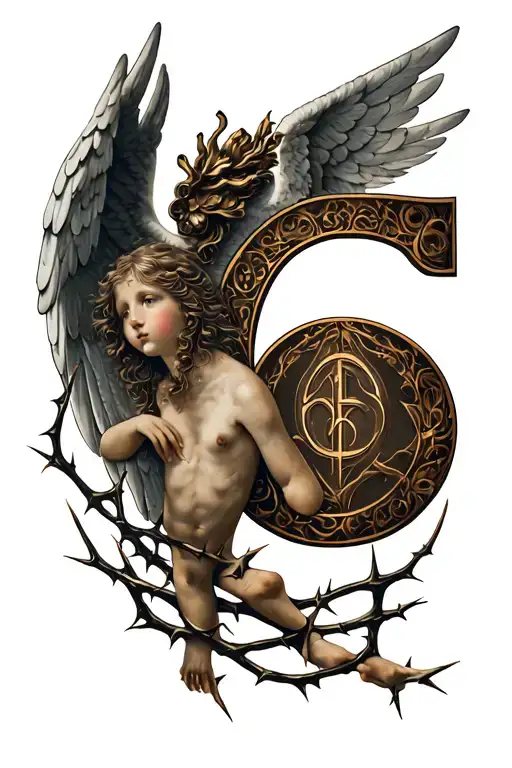 Number 6 Surrounded By Thorns With An Angel