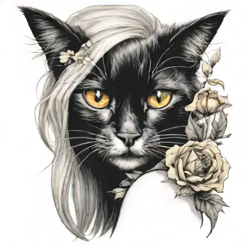 Black Cat Brings Poppy Flower To Blonde Woman Posing