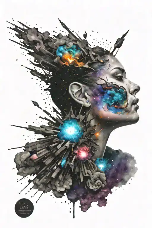 Tattoo Of Half A Face With An Explosion Of Galaxy Colors That Fades Into The Distance